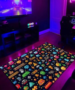 Retro Gaming Icons Black Pixelated Icons on a Nostalgic Pattern