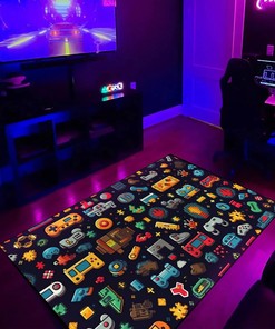 Retro Gaming Icons Pixelated Pattern Rug for Living Room