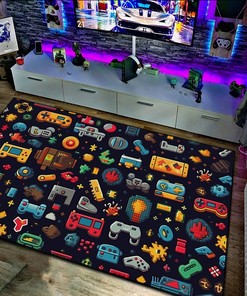 Retro Gaming Icons Pixelated Pattern Rug for Living Room
