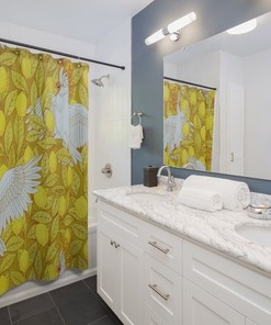 Retro Lemon Shower Curtain, Bright Yellow & White Parrot Print, Lovely Floral Bath Decor