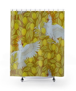 Retro Lemon Shower Curtain, Bright Yellow & White Parrot Print, Lovely Floral Bath Decor