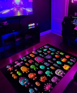 Retro Pixel Artwork Black Background Arcade Rug with Alien Worlds