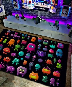 Retro Pixel Artwork Black Background Arcade Rug with Alien Worlds