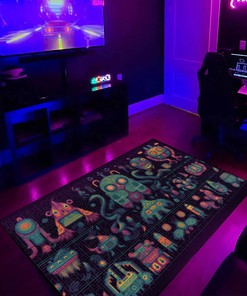 Retro Pixel Robots Pattern Area Rug - Alien Worlds, Blink-and-You-Miss-It Detail