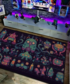 Retro Pixel Robots Pattern Area Rug - Alien Worlds, Blink-and-You-Miss-It Detail