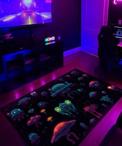 Retro Pixel Robots Pattern Rug with Lovecraftian Style