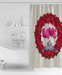 Retro Red Rose Flower Wreath Valentine's Day Shower Curtain - Dove Love Print on Fabric for Romantic Bathroom Decor