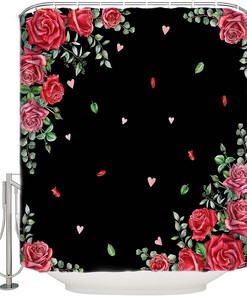 Retro Red and Pink Flower Valentine's Day Shower Curtain - Love Heart Print on Fabric for Romantic Bathroom Decor