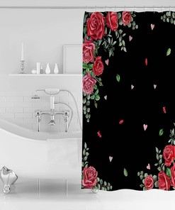 Retro Red and Pink Flower Valentine's Day Shower Curtain - Love Heart Print on Fabric for Romantic Bathroom Decor