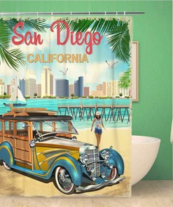 Retro San Diego California Poster Watercolor Pattern Shower Curtain - Hawaii Art Jungle Miami Sea Home Decor