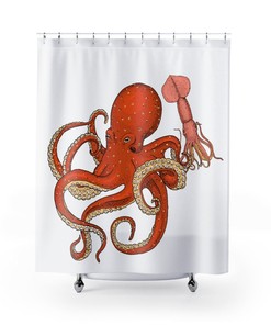 Retro Sea Creatures Shower Curtain with Octopus and Squid Print for Unique Bathroom Gift