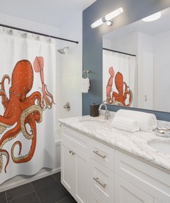 Retro Sea Creatures Shower Curtain with Octopus and Squid Print for Unique Bathroom Gift