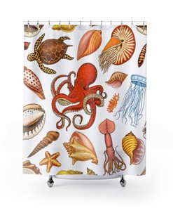 Retro Sea Creatures Shower Curtain with Various Ocean Life Print for Unique Bathroom Gift