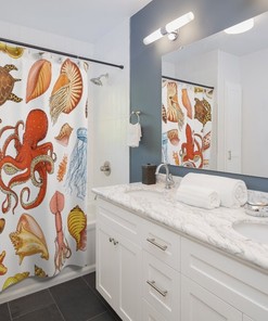 Retro Sea Creatures Shower Curtain with Various Ocean Life Print for Unique Bathroom Gift