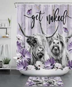 Retro Wood Has a Place with Purple Floral Highland Cow Shower Curtain 
