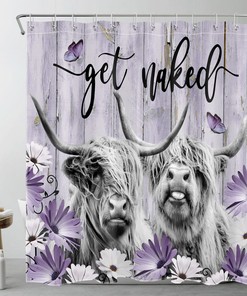 Retro Wood Has a Place with Purple Floral Highland Cow Shower Curtain