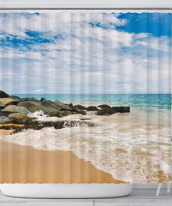 Rocky Beach Shower Curtain for Bathroom Decor with Window Sea View and Caribbean Beach Design Home Decoration