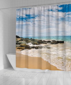 Rocky Beach Shower Curtain for Bathroom Decor with Window Sea View and Caribbean Beach Design Home Decoration