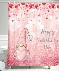 Romantic Glitter Bling Cute Gnome in Falling Red Hearts Shower Curtain, Unique Bathroom Decor