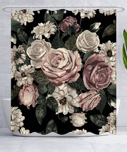 Romantic Rustic Vintage Shower Curtain with Black Roses and Flowers - Retro Floral Print on Elegant for Country Bathroom Decor