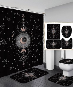 Rose Gold Glitter Zodiac Shower Curtain with Sun, Moon and Starry Sky Galaxy Print - Mystical Fabric for Hippie Boho Bathroom Decor