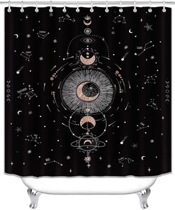 Rose Gold Glitter Zodiac Shower Curtain with Sun, Moon and Starry Sky Galaxy Print - Mystical Fabric for Hippie Boho Bathroom Decor