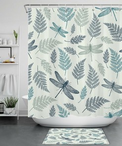 Rural Plant Leaf Insect Dragonfly Teal Black Bathroom Shower Curtain