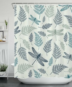 Rural Plant Leaf Insect Dragonfly Teal Black Bathroom Shower Curtain