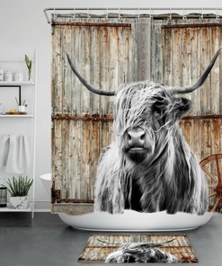 Rustic Barn Door Highland Cow Shower Curtain - Farmhouse Bathroom Decor