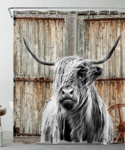 Rustic Barn Door Highland Cow Shower Curtain - Farmhouse Bathroom Decor
