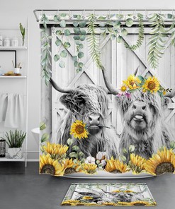 Rustic Barn Door Sunflower Highland Cow Bathroom Shower Curtain