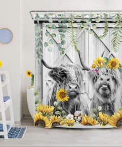 Rustic Barn Door Sunflower Highland Cow Bathroom Shower Curtain
