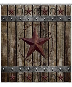 Rustic Barn Door Wooden Board Shower Curtain with Western Texas Star Horseshoes Design