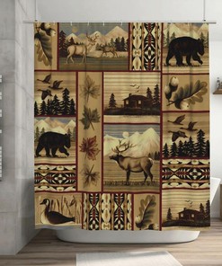 Rustic Cabin Boho Shower Curtain with Bears, Deer, and Forest for Country Bathroom Decor 
