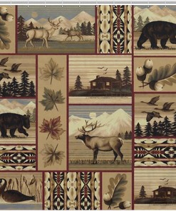 Rustic Cabin Boho Shower Curtain with Bears, Deer, and Forest for Country Bathroom Decor