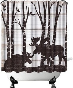 Rustic Deer Shower Curtain in Vintage Wood Pattern for Bathroom Decor with Wildlife Animal Bath Curtain