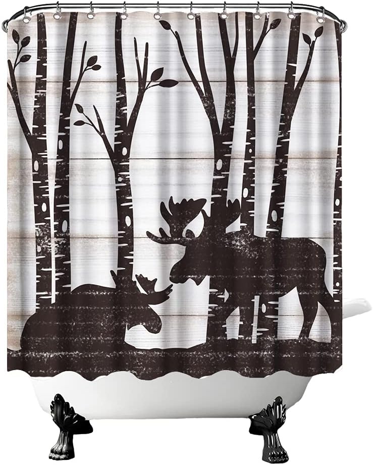 Rustic Deer Shower Curtain in Vintage Wood Pattern for Bathroom Decor with Wildlife Animal Bath Curtain
