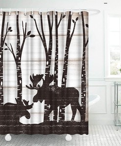 Rustic Deer Shower Curtain in Vintage Wood Pattern for Bathroom Decor with Wildlife Animal Bath Curtain