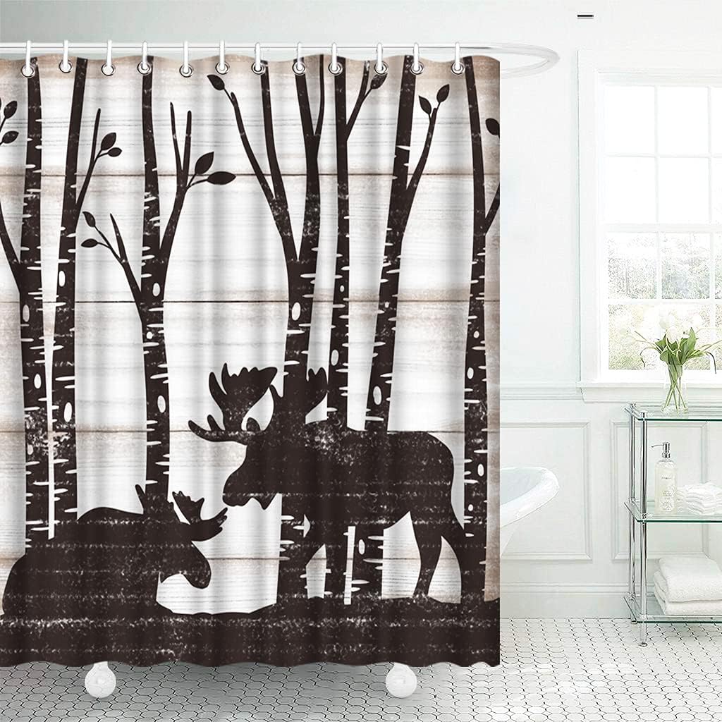 Rustic Deer Shower Curtain in Vintage Wood Pattern for Bathroom Decor with Wildlife Animal Bath Curtain