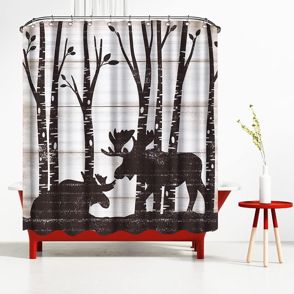 Rustic Deer Shower Curtain in Vintage Wood Pattern for Bathroom Decor with Wildlife Animal Bath Curtain