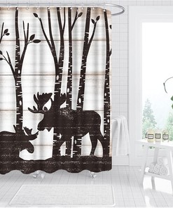 Rustic Deer Shower Curtain in Vintage Wood Pattern for Bathroom Decor with Wildlife Animal Bath Curtain