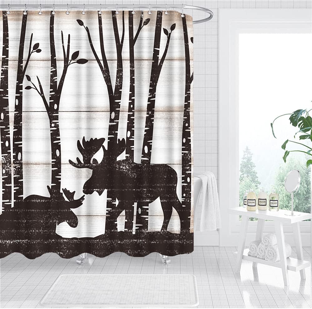Rustic Deer Shower Curtain in Vintage Wood Pattern for Bathroom Decor with Wildlife Animal Bath Curtain