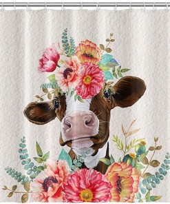 Rustic Farm Animals Shower Curtain with Cute Cow