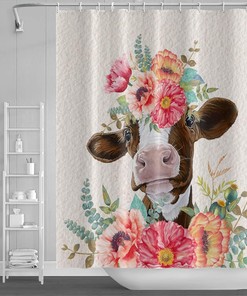 Rustic Farm Animals Shower Curtain with Cute Cow