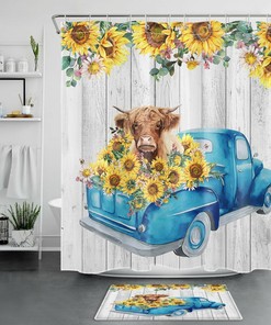 Rustic Farmhouse Retro Truck Sunflower Cow Shower Curtain for Country Bathroom Decor