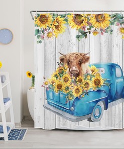 Rustic Farmhouse Retro Truck Sunflower Cow Shower Curtain for Country Bathroom Decor