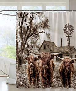 Rustic Highland Cow Shower Curtain - Windmill Farm Animal Print - American Country Style