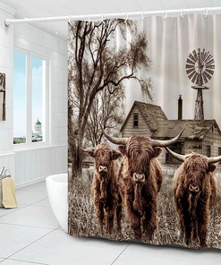 Rustic Highland Cow Shower Curtain - Windmill Farm Animal Print - American Country Style