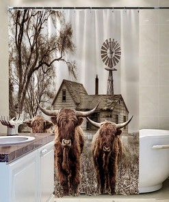 Rustic Highland Cow Shower Curtain - Windmill Farm Animal Print - American Country Style