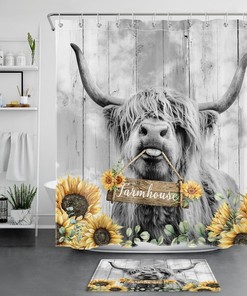 Rustic Highland Cow Shower Curtain with Flower Designs for Bathroom Decor